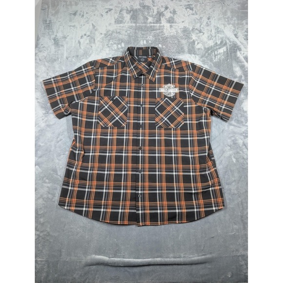 Harley-Davidson Other - Harley-Davidson Shirt Mens 2XL Black Orange Plaid Short Sleeve Button Up Casual